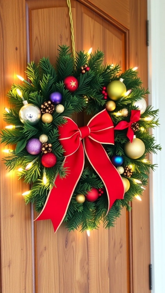 A festive DIY Christmas wreath with pine branches, ornaments, and a red bow on a wooden door.